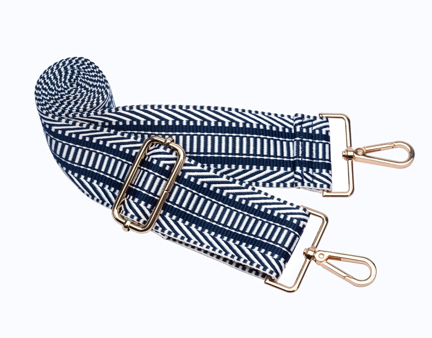 Navy and white striped strap with gold hardware on a white background