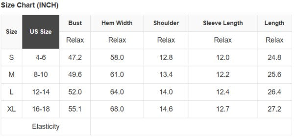 Size chart for clothing measurements in inches with US size labels.