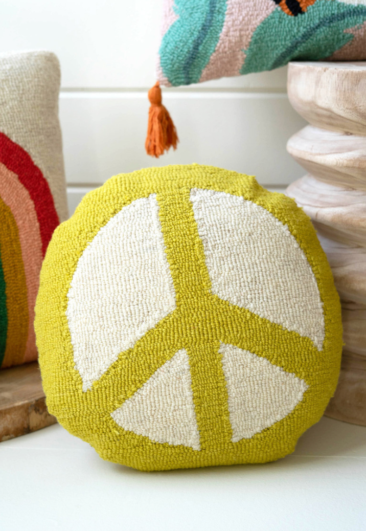 Groovy Peace Sign Hand-Hooked Circle Pillow