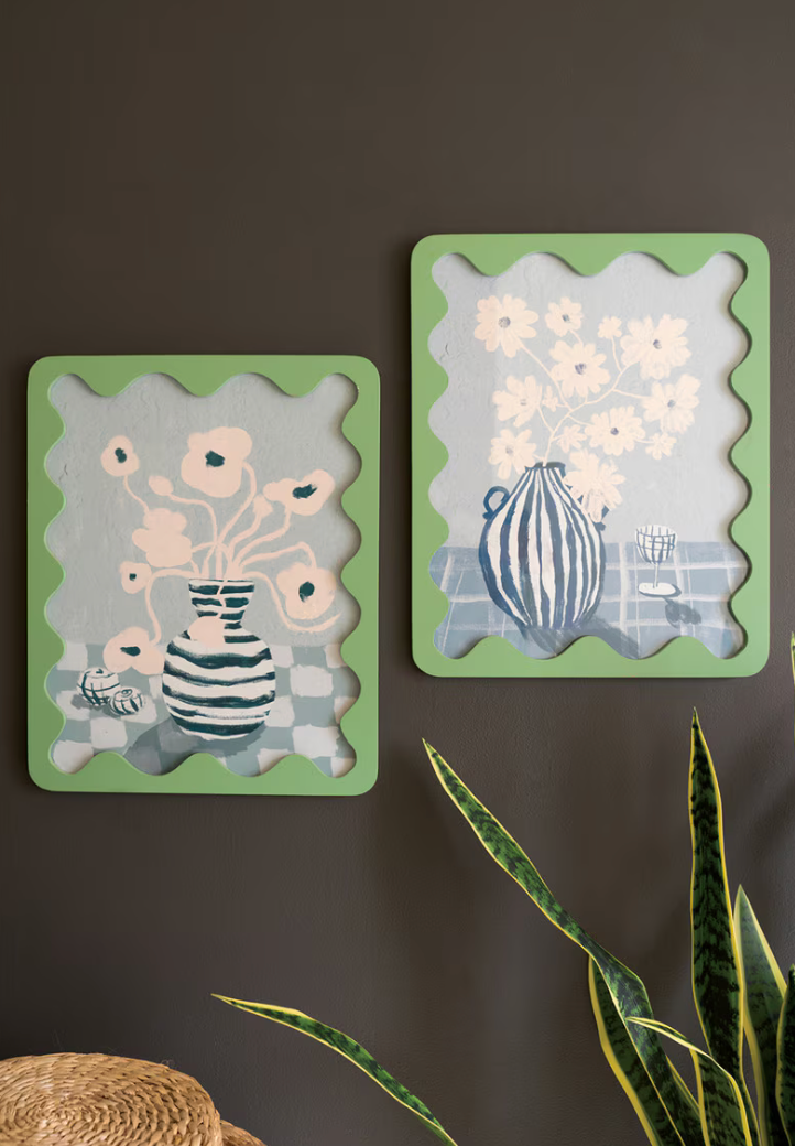 Set of 2 Green Wavy Framed Still Life Prints under Glass