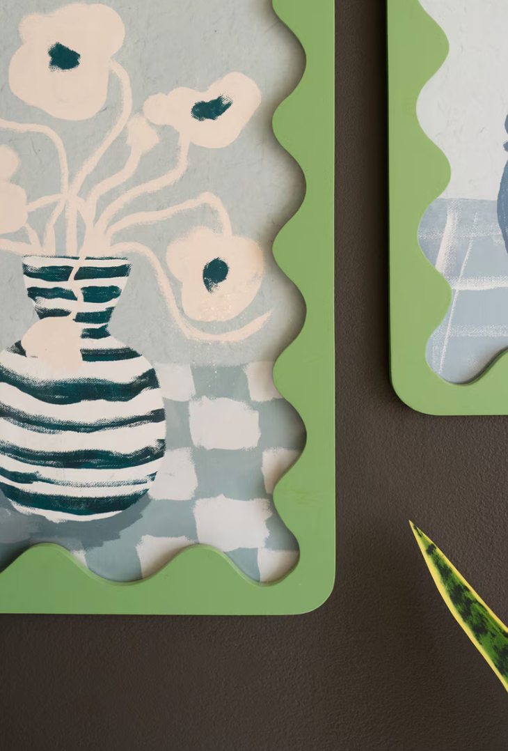 Set of 2 Green Wavy Framed Still Life Prints under Glass