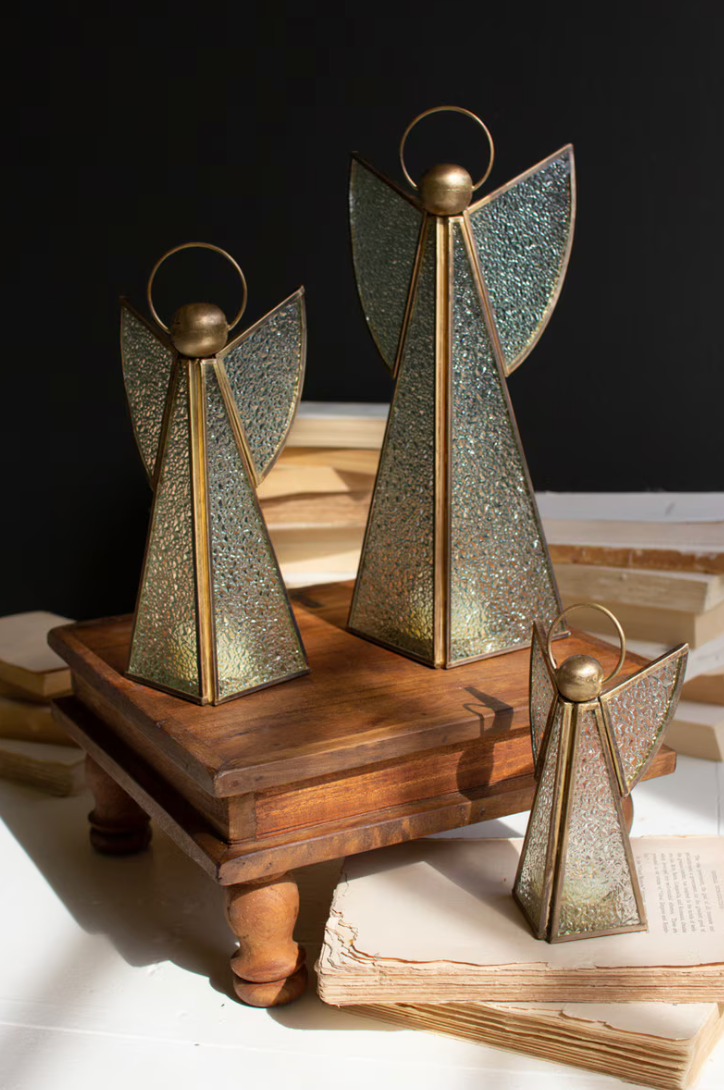 Set of 3 Antique Brass and Glass Christmas Angels
