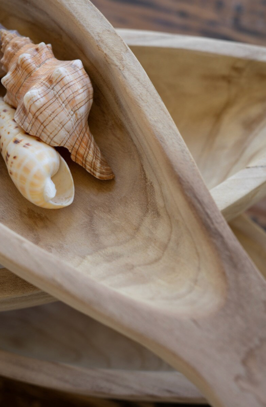 Close-up of a wooden spoon with seashells inside on a wooden surface