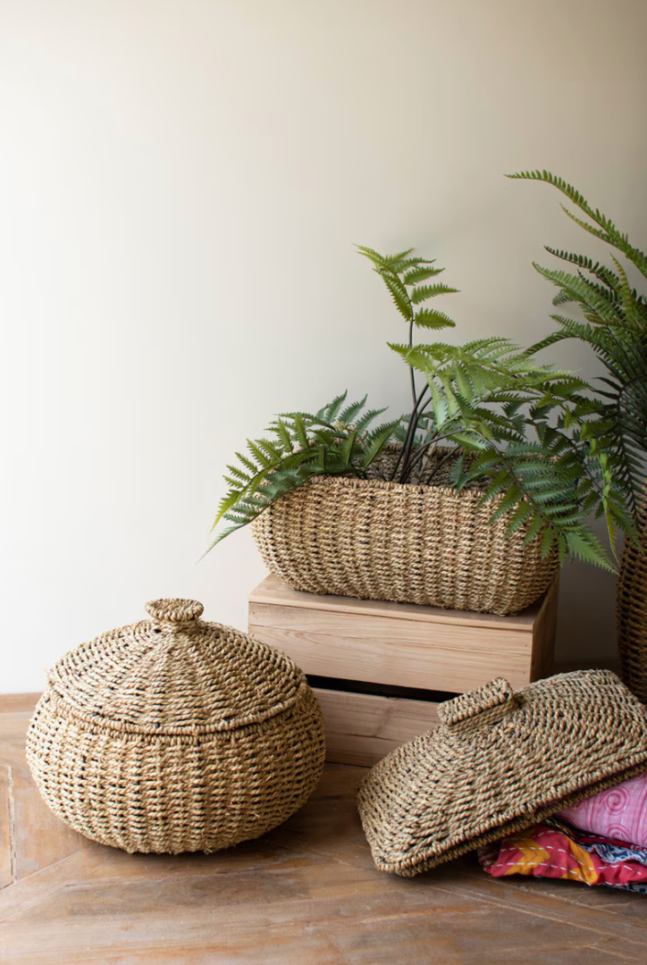 Woven baskets and a plant on a wooden surface with a neutral background