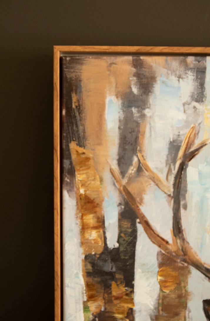 Abstract painting with brown and beige tones on a dark background
