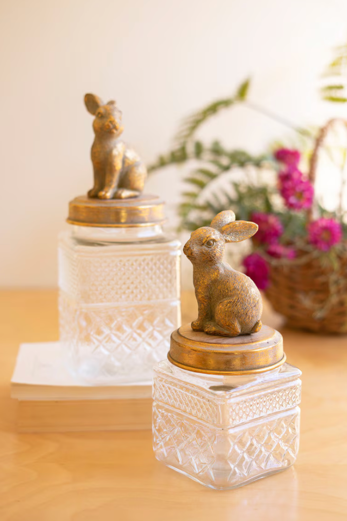 Set of 2 Resin and Glass Rabbit Canisters