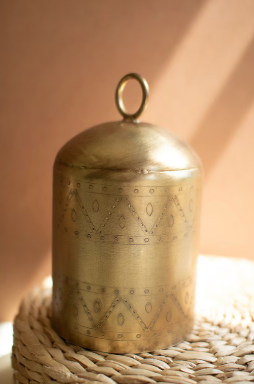 "Individual antique brass finish etched bell from the Set of 3 by Kalalou showing distinct design and warm metallic finish on neutral background"