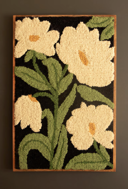 Framed Hand-Hooked Art with White Flowers