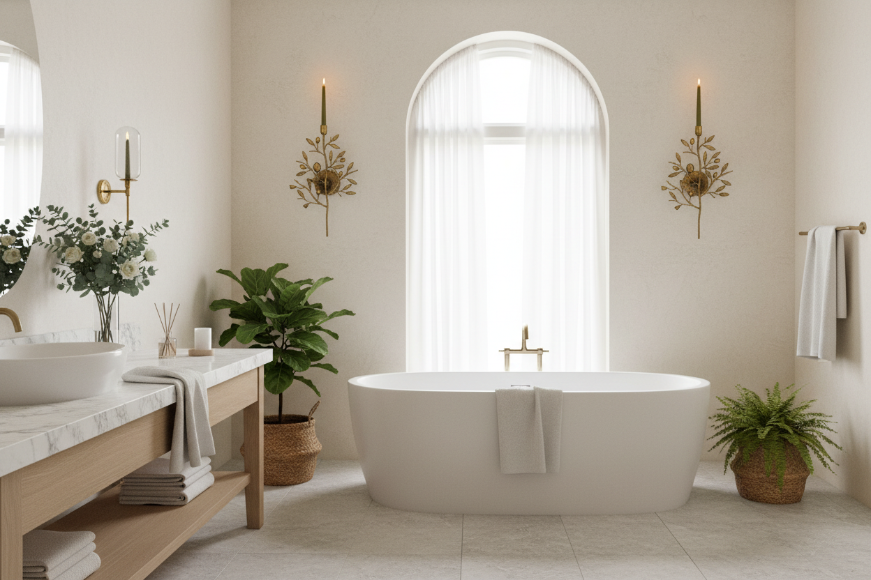 Antique brass fruit tree wall sconces in serene spa-like bathroom