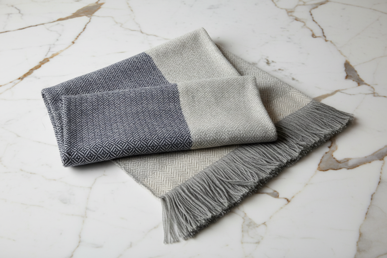 Grey alpaca wool throw on white granite with gold veins