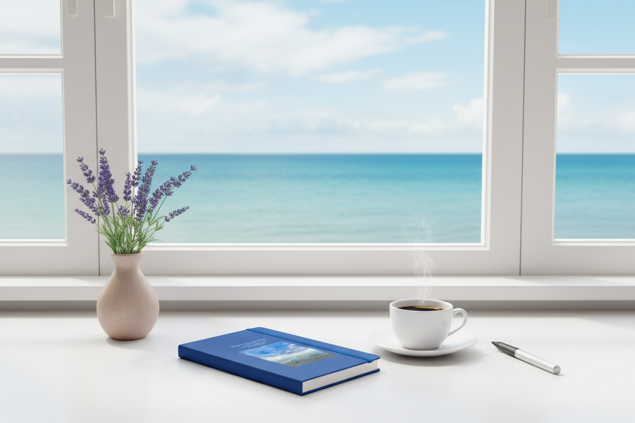 Mighty Waves Journal on desk with lavender, coffee, pen and ocean view