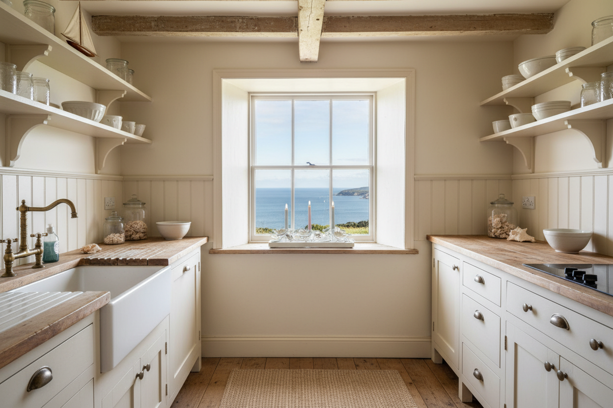 Painted Metal Floral Taper Candelabra in antique cottage kitchen by ocean