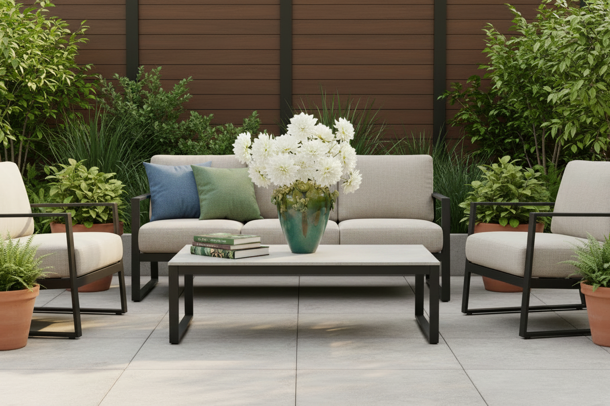 Patio Vase Right, Books Left, Blue & Green Pillows