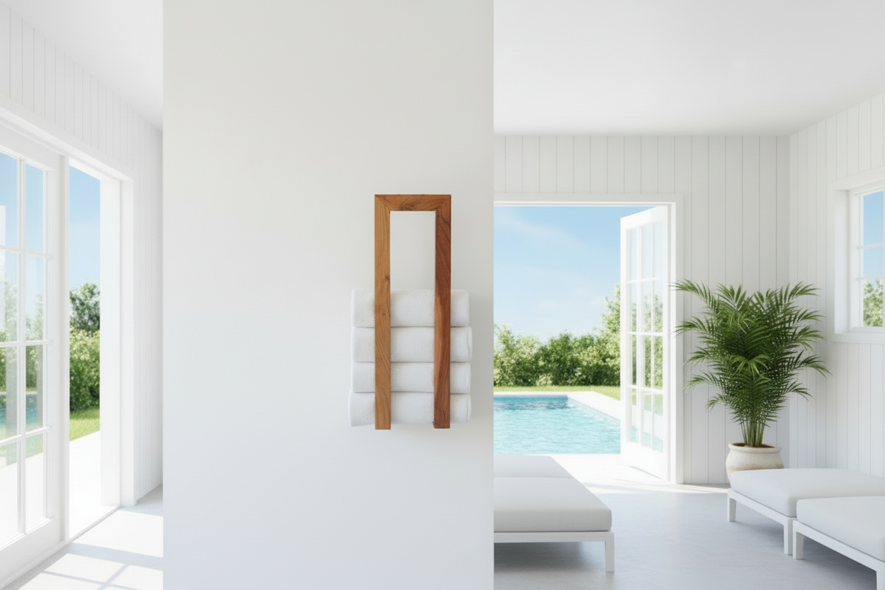 Towel Rack in Pool House with a green plant, white benches and pool in the far background