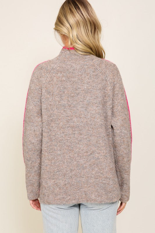 Marled Brown Raglan Sleeve Funnel Neck Sweater