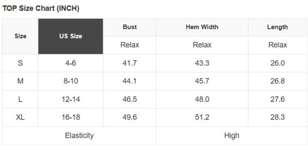 Size chart for clothing with US size, bust, hem width, and length measurements.