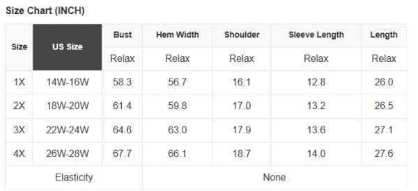 Size chart for clothing measurements in inches with US size labels.