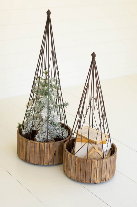 Set of 2 Metal Topiaries with Recycled Wood Bases