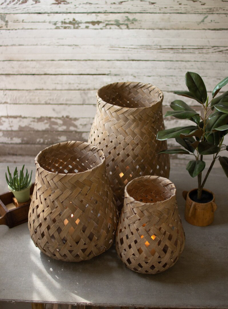 Set of 3 Woven Bamboo Lanterns with Glass