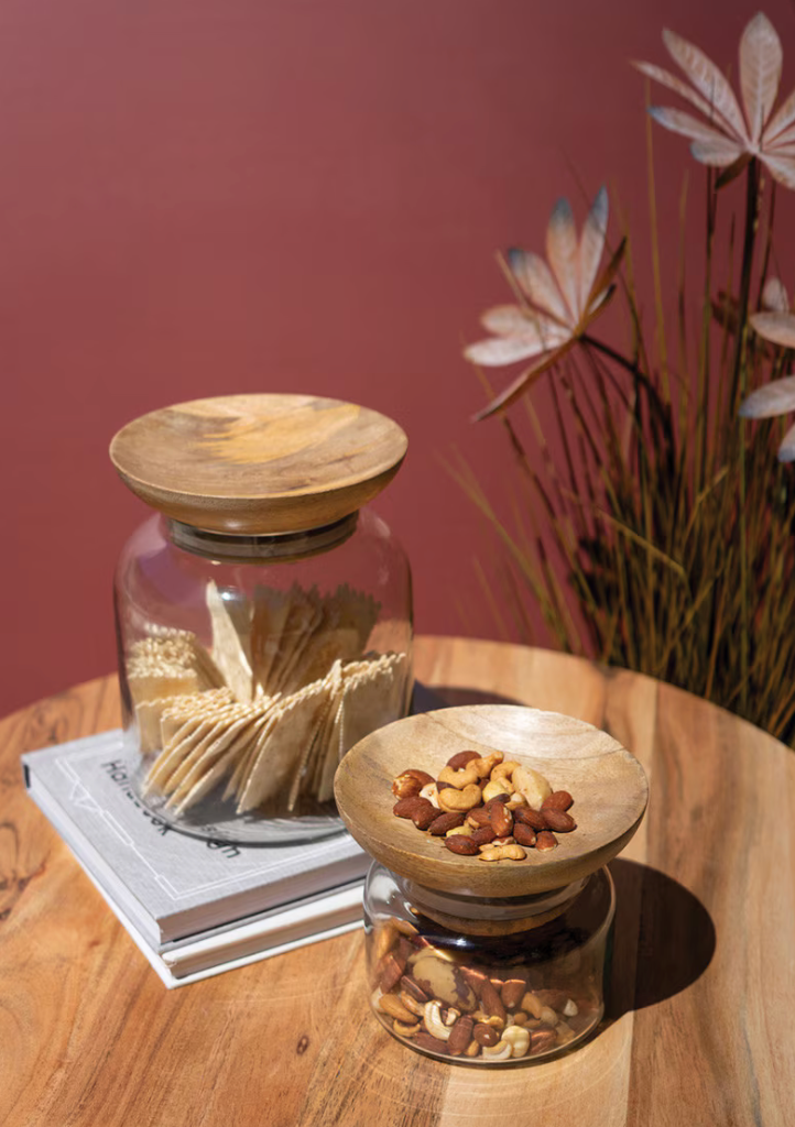 Set of 2 Glass Canisters with Wooden Bowl Lids