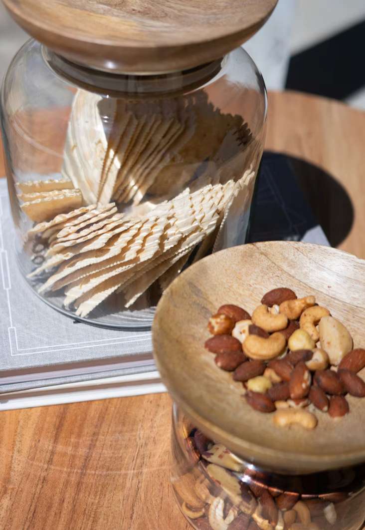 Set of 2 Glass Canisters with Wooden Bowl Lids