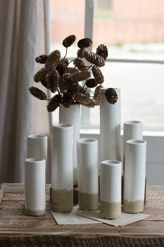 Set of 9 White Ceramic Cylinder Bud Vases