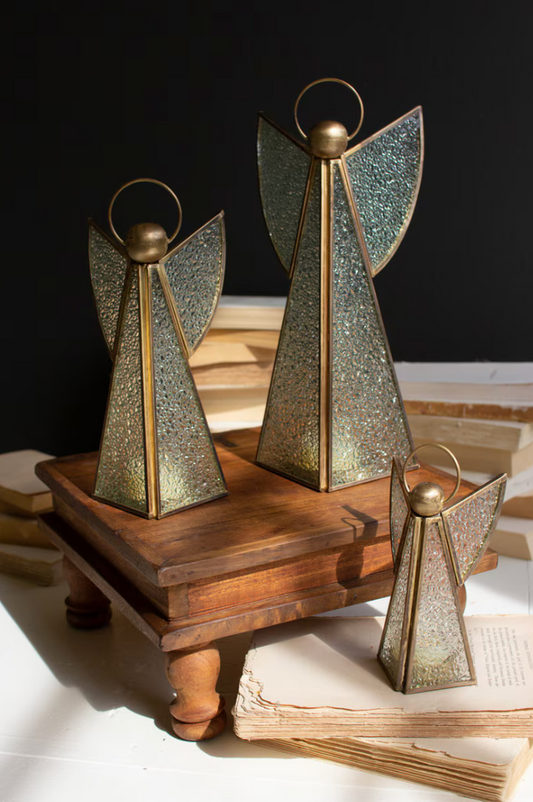 Set of 3 Antique Brass and Glass Christmas Angels