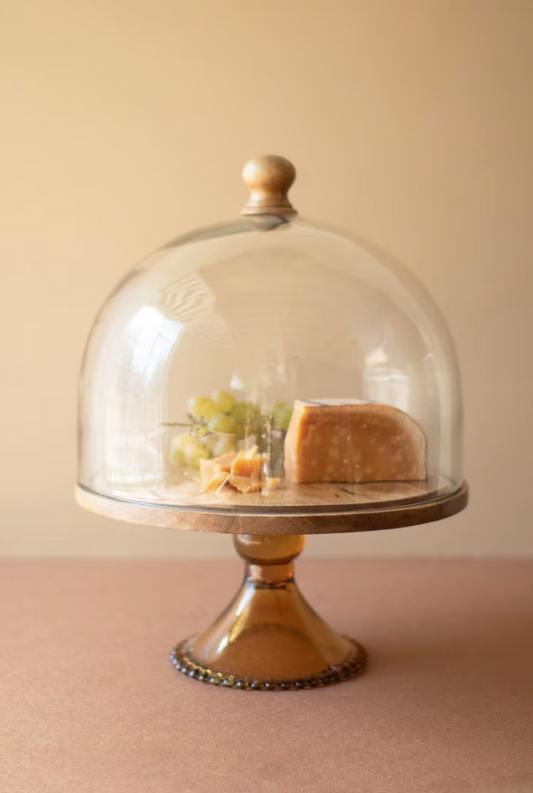 Mango Wood Cake Display with Glass Dome and Base