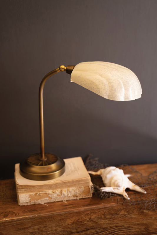 Antique Brass Table Lamp with Shell-Shaped Enamel Shade