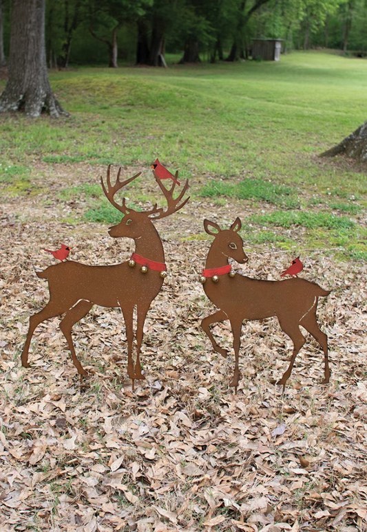 Set of 2 Rustic Reindeer Yard Art with Red Birds