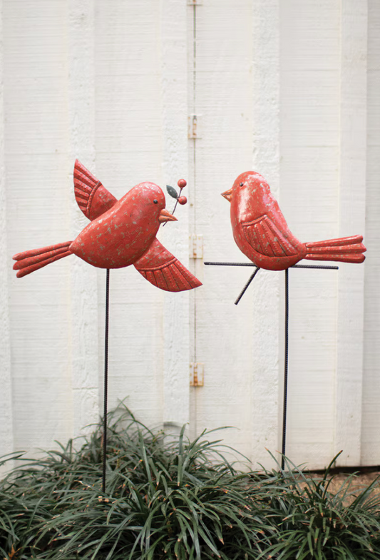 TWO Sets of 2 Hand-Hammered Red Bird Yard Stakes