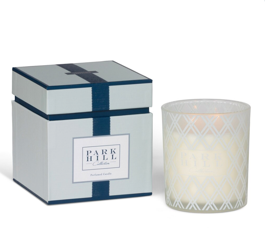 Candle with decorative box featuring 'Park Hill Collection' branding on a white background