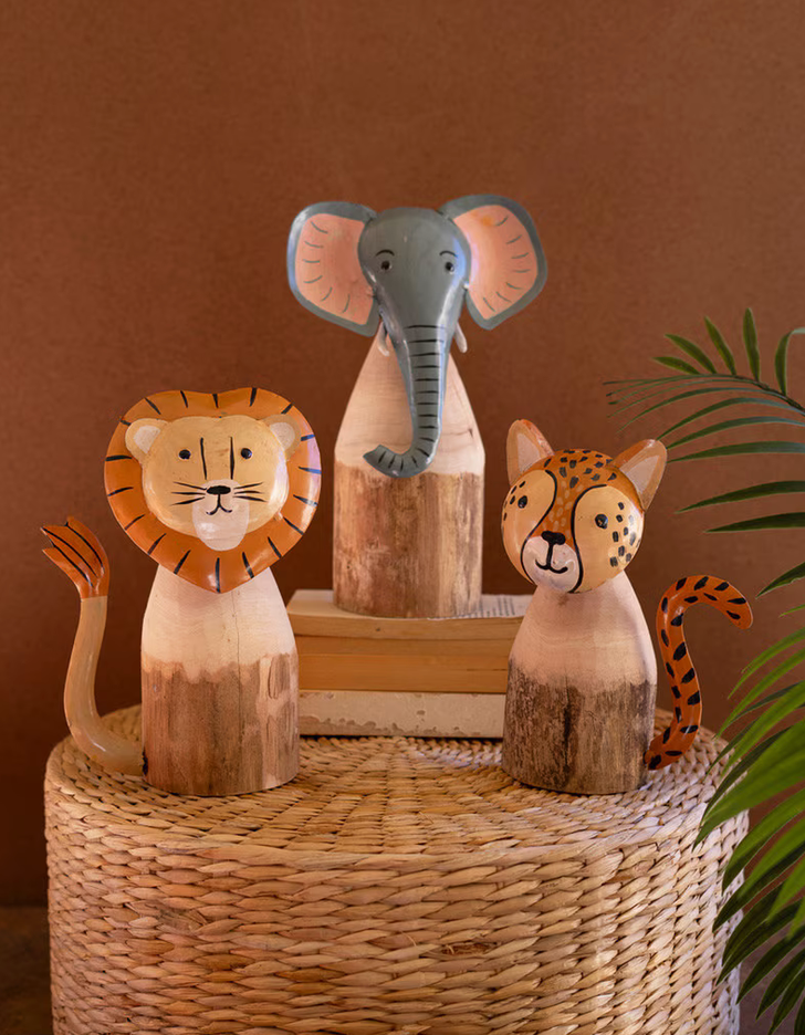 Set of 3 Recycled Wood and Iron Safari Animals