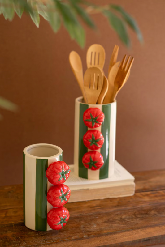 Set of 2 Ceramic Green Striped Vases with Tomatoes