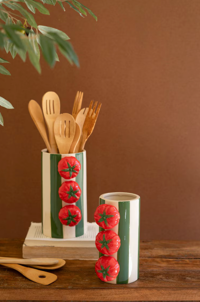 Set of 2 Ceramic Green Striped Vases with Tomatoes