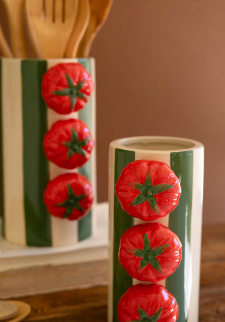 Set of 2 Ceramic Green Striped Vases with Tomatoes