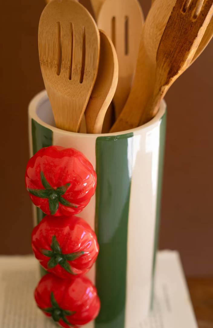 Set of 2 Ceramic Green Striped Vases with Tomatoes