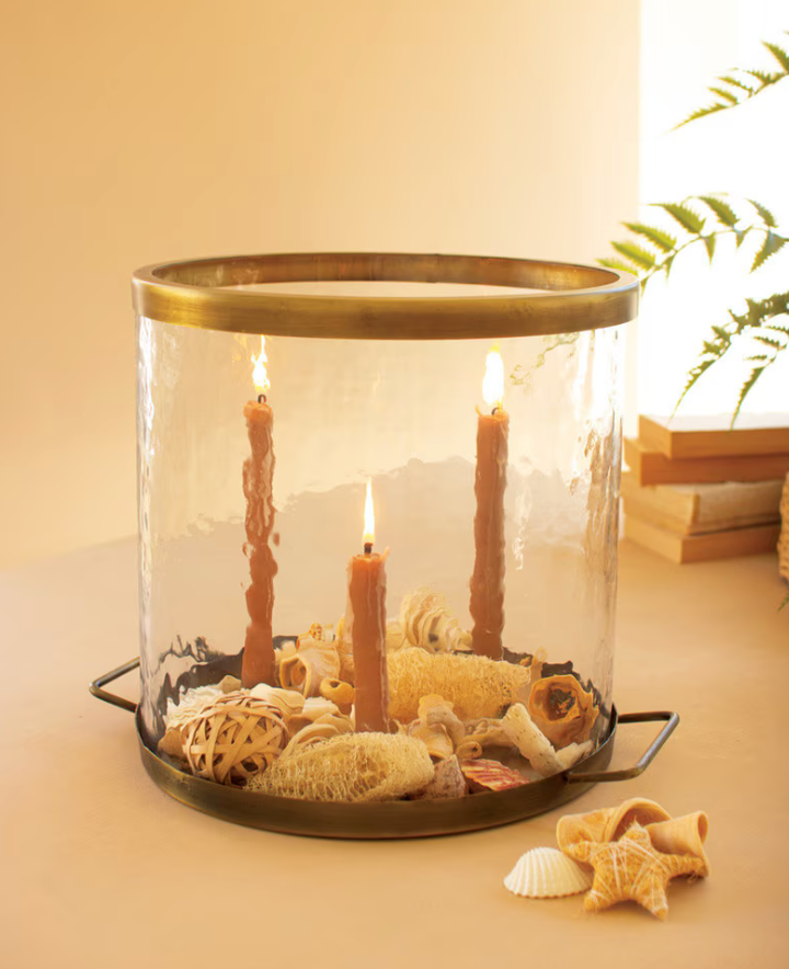 Glass Cylinder with Antique Brass Taper Candle Holder