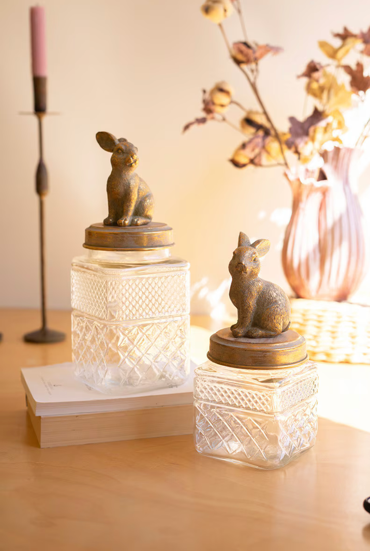 Set of 2 Resin and Glass Rabbit Canisters