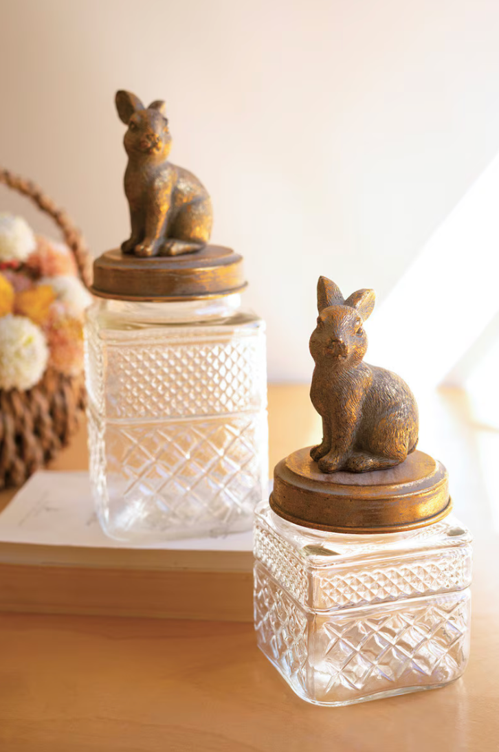 Set of 2 Resin and Glass Rabbit Canisters