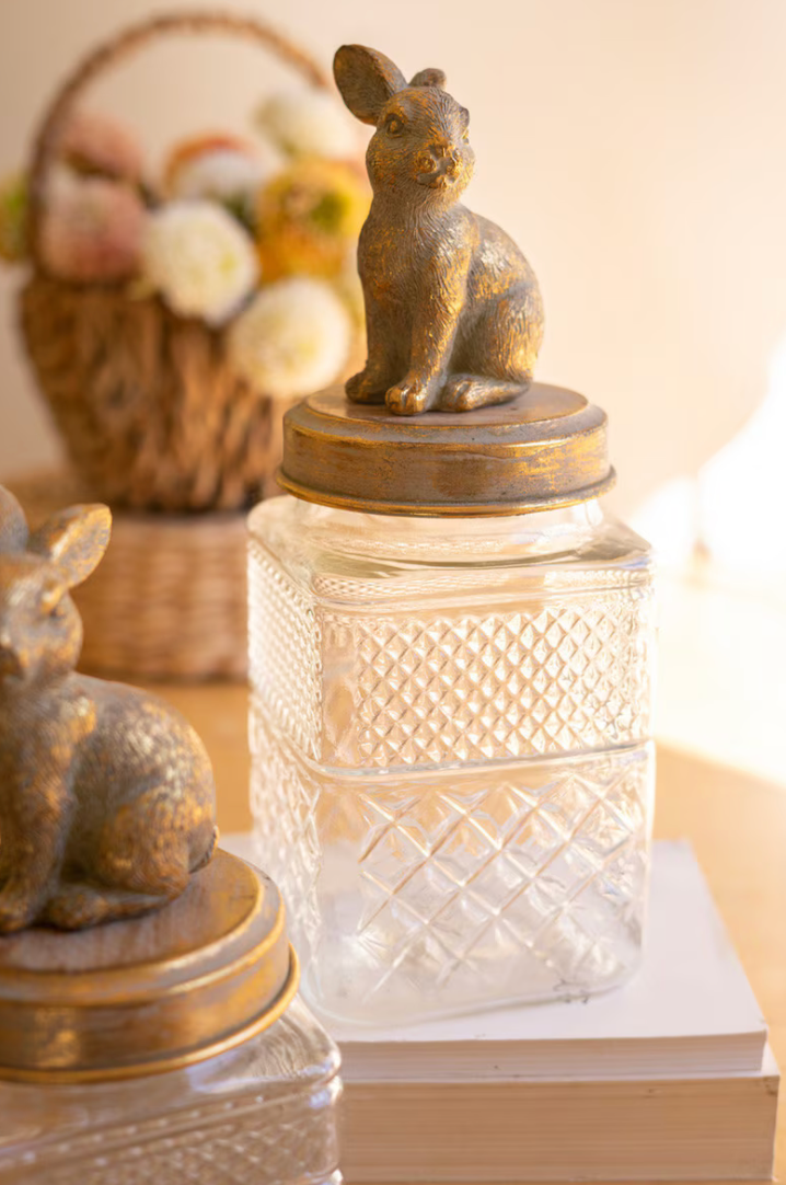 Set of 2 Resin and Glass Rabbit Canisters
