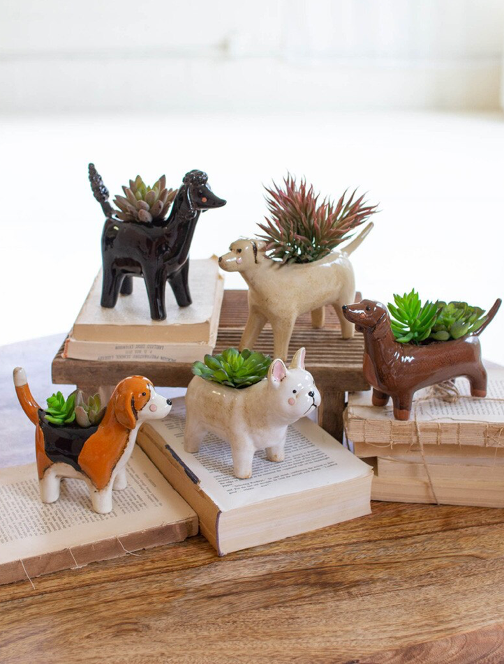 A group of animal-shaped succulent planters shaped like a black dog, cream cat, brown horse, orange-and-white beagle, and white cat, each holding a small potted succulent and arranged on top of vintage books on a wooden surface.