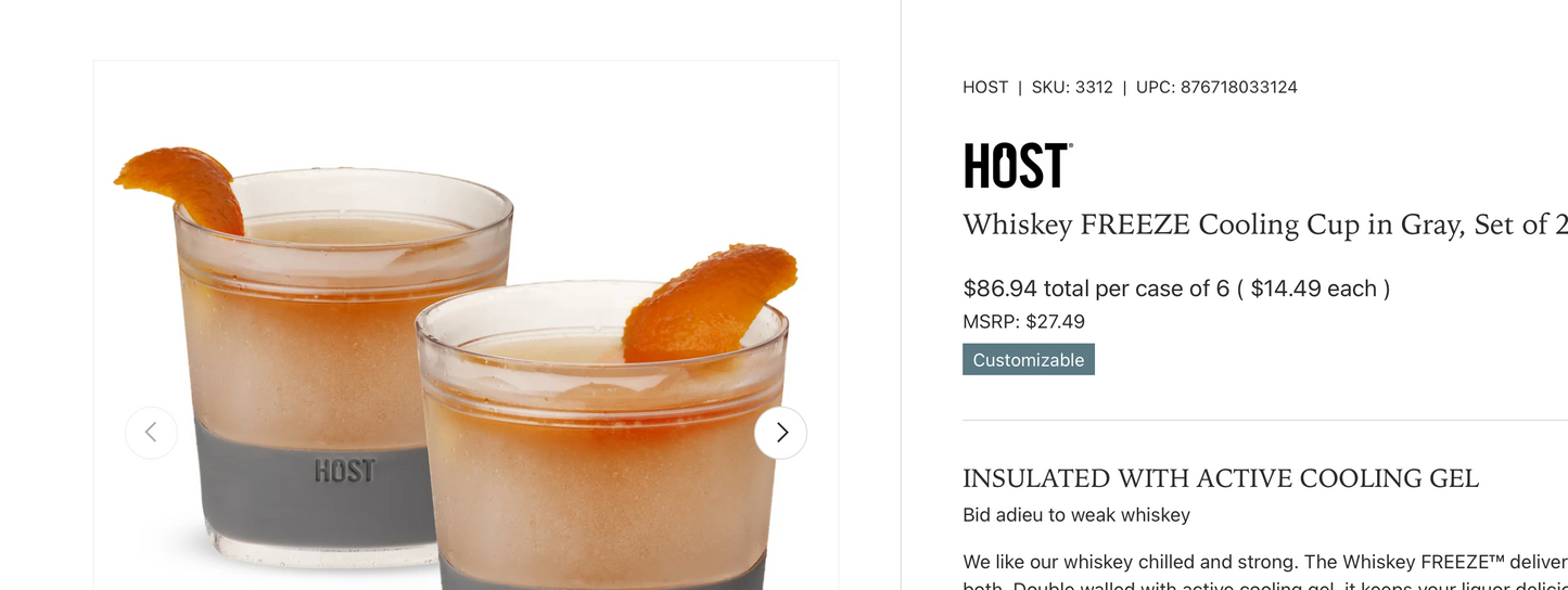 A product listing screenshot showing two gray whiskey cooling cups filled with an amber drink and orange garnish, alongside product text on a white page.