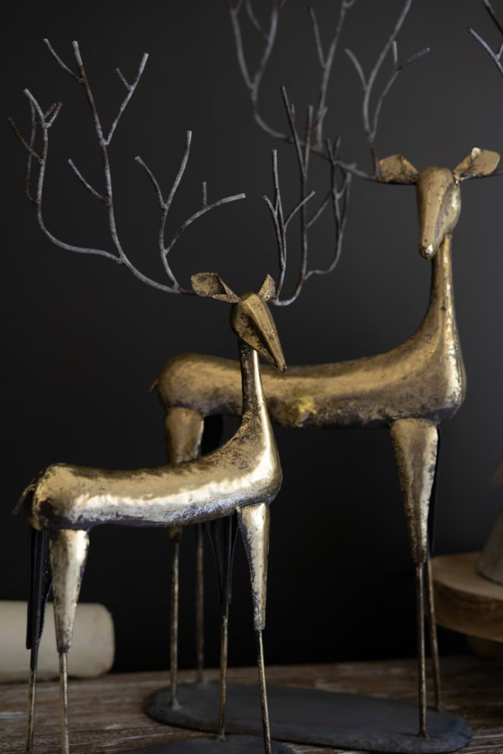 Set of 2 Antique Gold Metal Christmas Deer