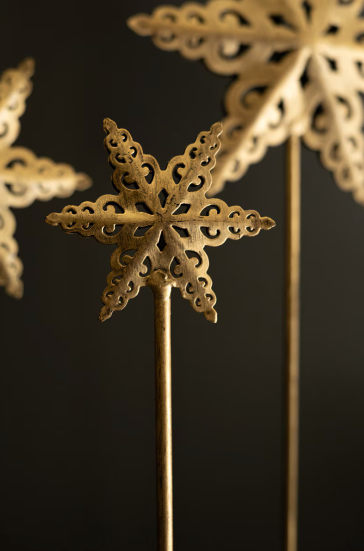 close up of a gold star and blurry stars on each side with a dark background.
