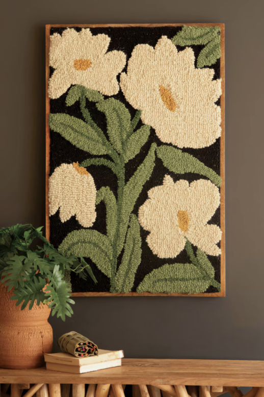 Framed Hand-Hooked Art with White Flowers