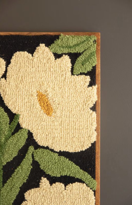 Framed Hand-Hooked Art with White Flowers