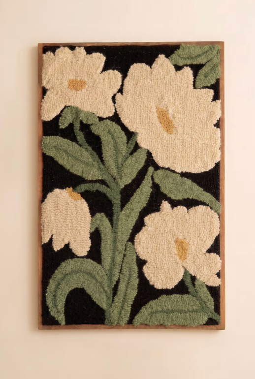 Framed Hand-Hooked Art with White Flowers