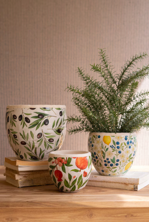 Three hand-painted ceramic planters with Mediterranean designs, including olives, lemons, and peaches, styled on a wooden table with books and a green plant against a striped background.