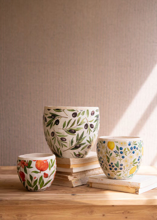 Three hand-painted ceramic planters with botanical patterns, including olives and lemons, styled on a wooden table with stacked books against a textured beige wall.